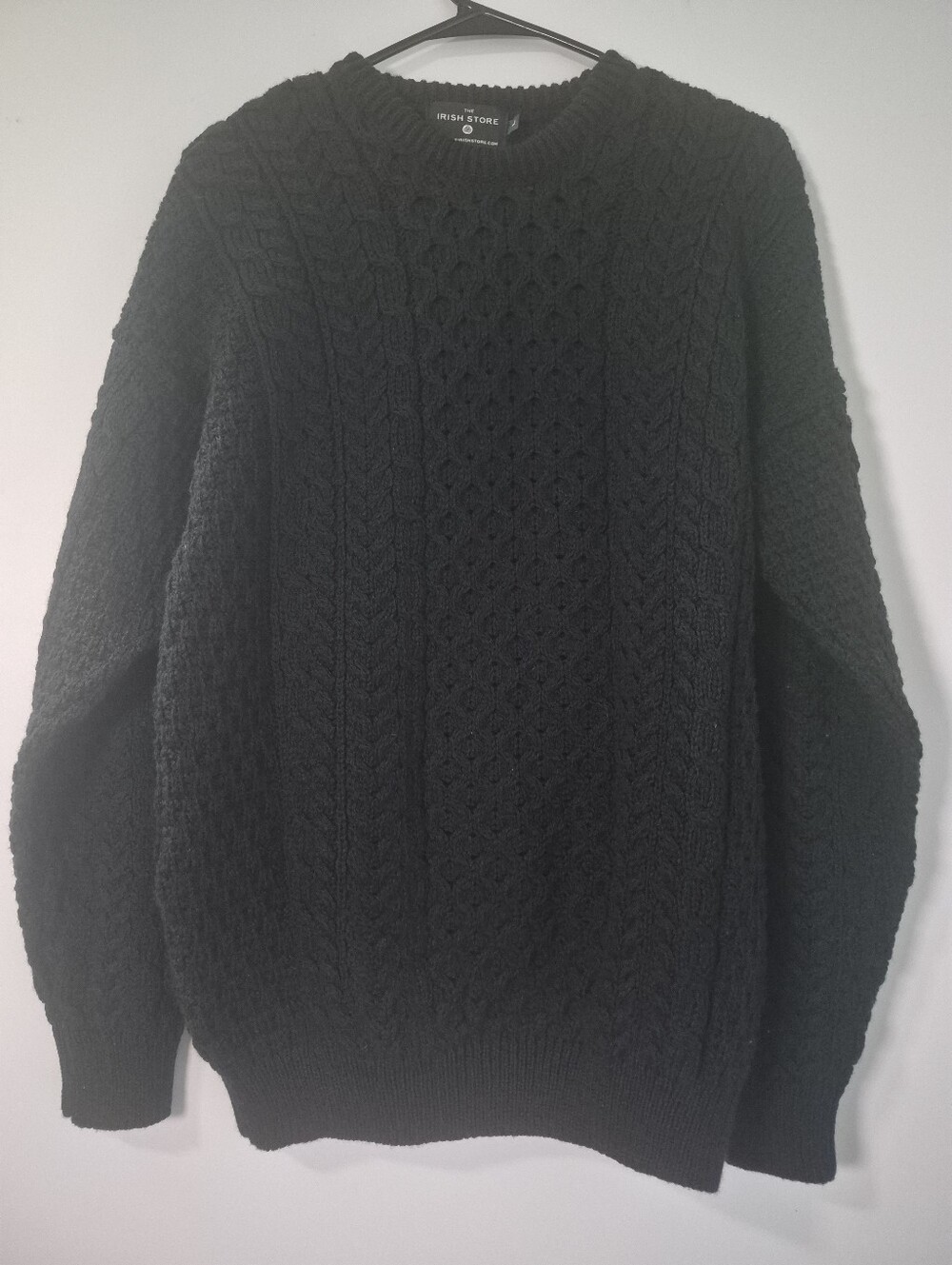 The Irish Store Black Aran Cable Knit Sweater L 100% Merino Wool Made in Ireland